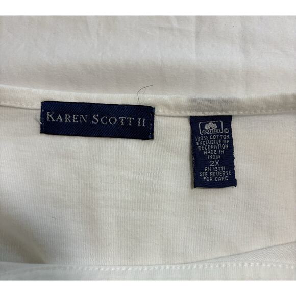 Karen Scott Women’s Plus Size 2X White Short Sleeve Floral Embroidered Top Shirt - Picture 4 of 7